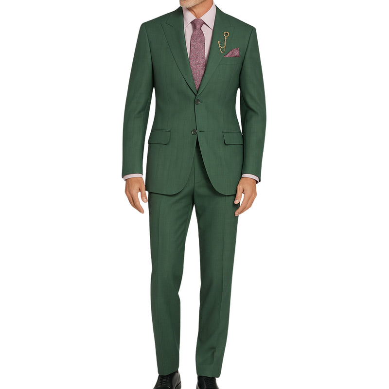 VINCI Men's Forest Green Glen Plaid 2-Button Regular Fit Suit with Peak Lapel - NEW. Classic silhouette with peak lapel jacket and flat-front pants featuring a flexible waistband and unfinished hems. Ideal for office or formal occasions. Available at Fashion House Inc. (FH Menswear)