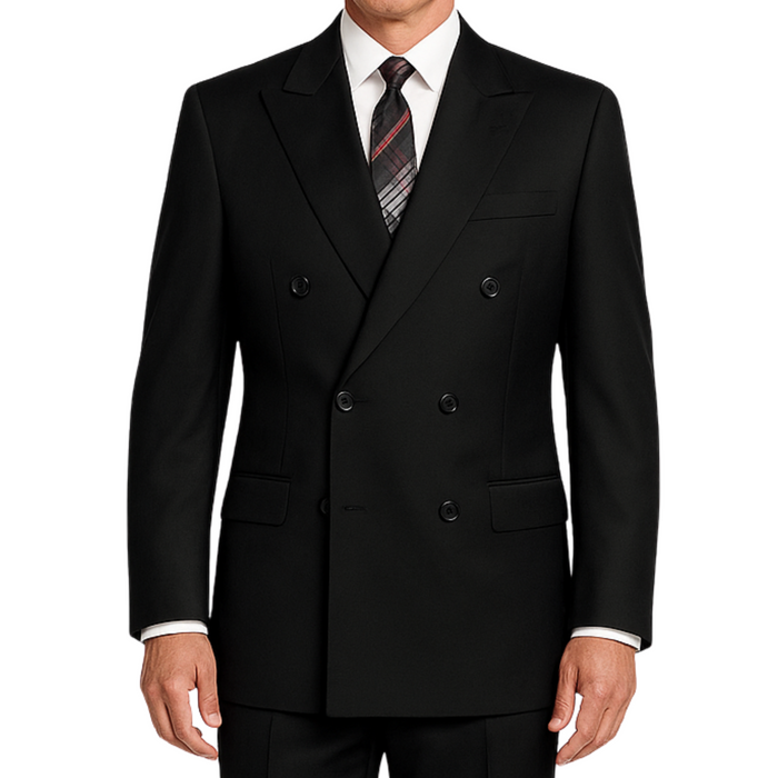 VINCI Men's Black Double-Breasted Regular Fit Suit with Adjustable Waist - NEW. Classic style with a peak lapel jacket, fully lined for comfort, and flat-front trousers with elastic waistband for a flawless fit. Perfect for professional and evening wear, embodying timeless elegance and sophistication. Available at Fashion House Inc. (FH Menswear, Style: F-DC900)
