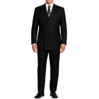 VINCI Men's Black Double-Breasted Regular Fit Suit with Adjustable Waist - NEW. Classic style with a peak lapel jacket, fully lined for comfort, and flat-front trousers with elastic waistband for a flawless fit. Perfect for professional and evening wear, embodying timeless elegance and sophistication. Available at Fashion House Inc. (FH Menswear, Style: F-DC900)