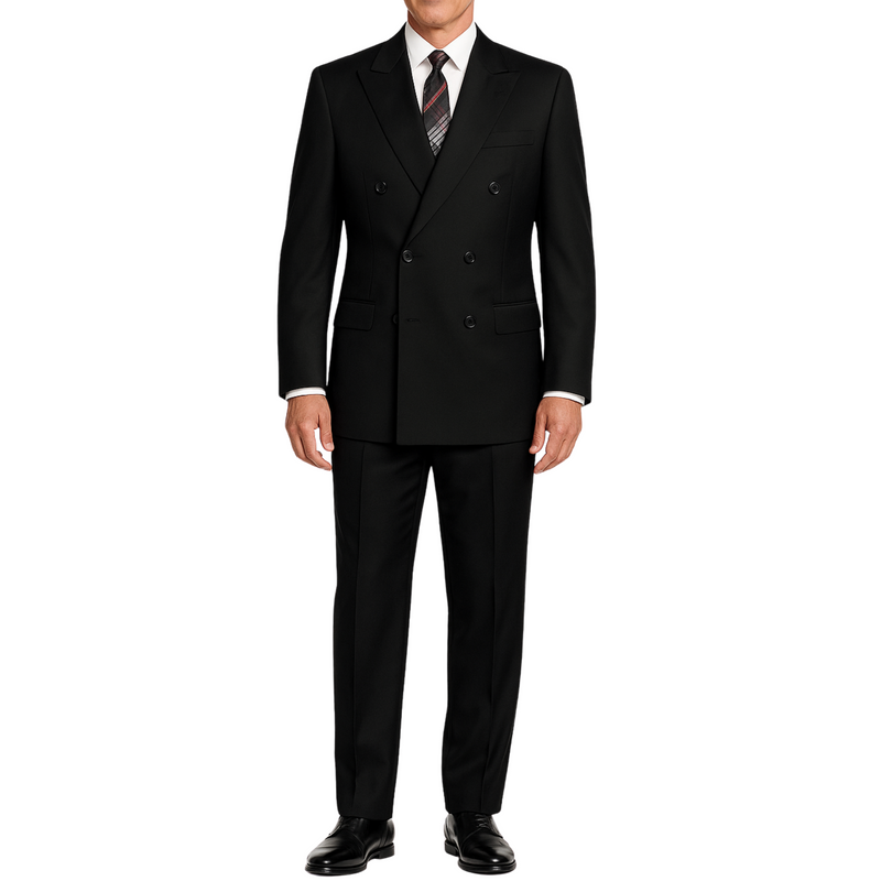 VINCI Men's Black Double-Breasted Regular Fit Suit with Adjustable Waist - NEW. Classic style with a peak lapel jacket, fully lined for comfort, and flat-front trousers with elastic waistband for a flawless fit. Perfect for professional and evening wear, embodying timeless elegance and sophistication. Available at Fashion House Inc. (FH Menswear, Style: F-DC900)