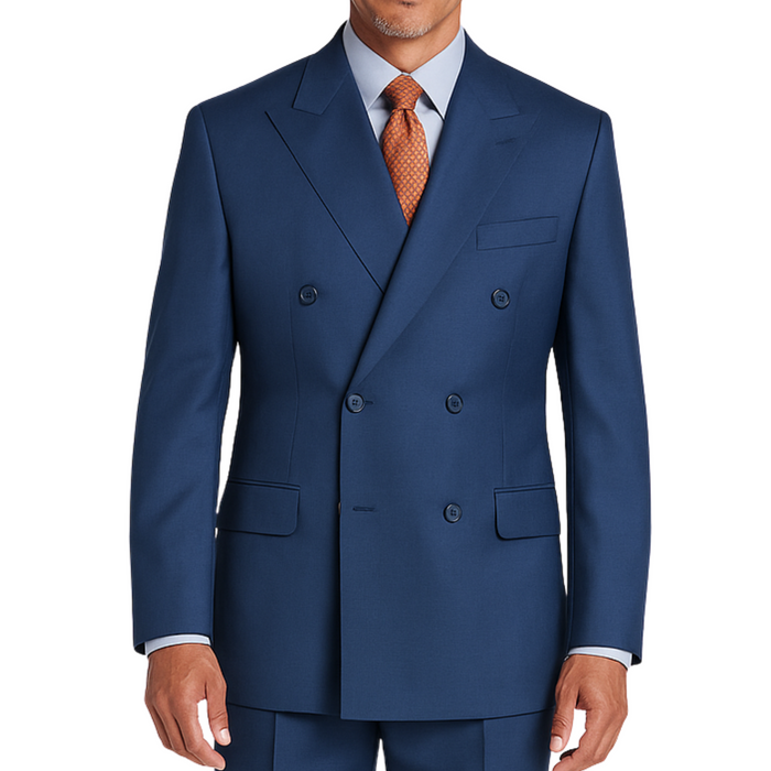 VINCI Men's Blue Double-Breasted Regular Fit Suit with Adjustable Waist - NEW. Classic style with a peak lapel jacket, fully lined for comfort, and flat-front trousers with elastic waistband for a flawless fit. Perfect for professional and evening wear, embodying timeless elegance and sophistication. Available at Fashion House Inc. (FH Menswear, Style F-DC900)