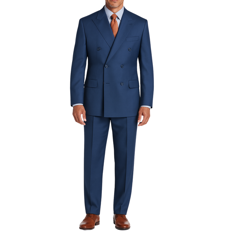 VINCI Men's Blue Double-Breasted Regular Fit Suit with Adjustable Waist - NEW. Classic style with a peak lapel jacket, fully lined for comfort, and flat-front trousers with elastic waistband for a flawless fit. Perfect for professional and evening wear, embodying timeless elegance and sophistication. Available at Fashion House Inc. (FH Menswear, Style F-DC900)