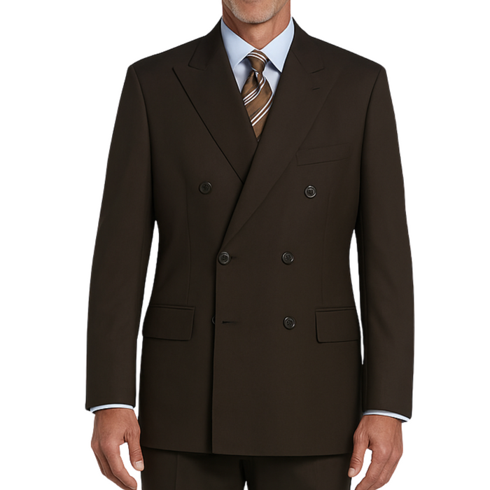 VINCI Men's Brown Double-Breasted Regular Fit Suit with Adjustable Waist - NEW. Classic style with a peak lapel jacket, fully lined for comfort, and flat-front trousers with elastic waistband for a flawless fit. Perfect for professional and evening wear, embodying timeless elegance and sophistication. Available at Fashion House Inc. (FH Menswear, Style F-DC900)