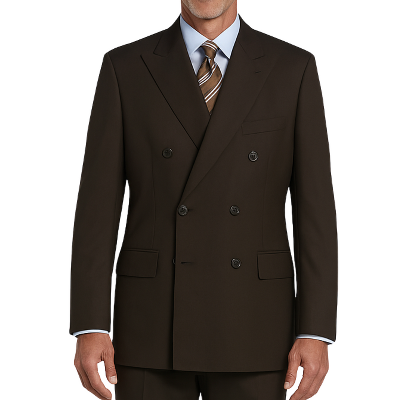 VINCI Men's Brown Double-Breasted Regular Fit Suit with Adjustable Waist - NEW. Classic style with a peak lapel jacket, fully lined for comfort, and flat-front trousers with elastic waistband for a flawless fit. Perfect for professional and evening wear, embodying timeless elegance and sophistication. Available at Fashion House Inc. (FH Menswear, Style F-DC900)