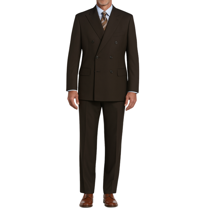 VINCI Men's Brown Double-Breasted Regular Fit Suit with Adjustable Waist - NEW. Classic style with a peak lapel jacket, fully lined for comfort, and flat-front trousers with elastic waistband for a flawless fit. Perfect for professional and evening wear, embodying timeless elegance and sophistication. Available at Fashion House Inc. (FH Menswear, Style F-DC900)