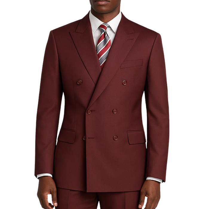 VINCI Men's Burgundy Double-Breasted Regular Fit Suit with Adjustable Waist - NEW. Classic style with a peak lapel jacket, fully lined for comfort, and flat-front trousers with elastic waistband for a flawless fit. Perfect for professional and evening wear, embodying timeless elegance and sophistication. Available at Fashion House Inc. (FH Menswear, Style: F-DC900)