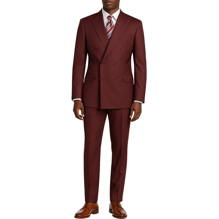 VINCI Men's Burgundy Double-Breasted Regular Fit Suit with Adjustable Waist - NEW. Classic style with a peak lapel jacket, fully lined for comfort, and flat-front trousers with elastic waistband for a flawless fit. Perfect for professional and evening wear, embodying timeless elegance and sophistication. Available at Fashion House Inc. (FH Menswear, Style: F-DC900)
