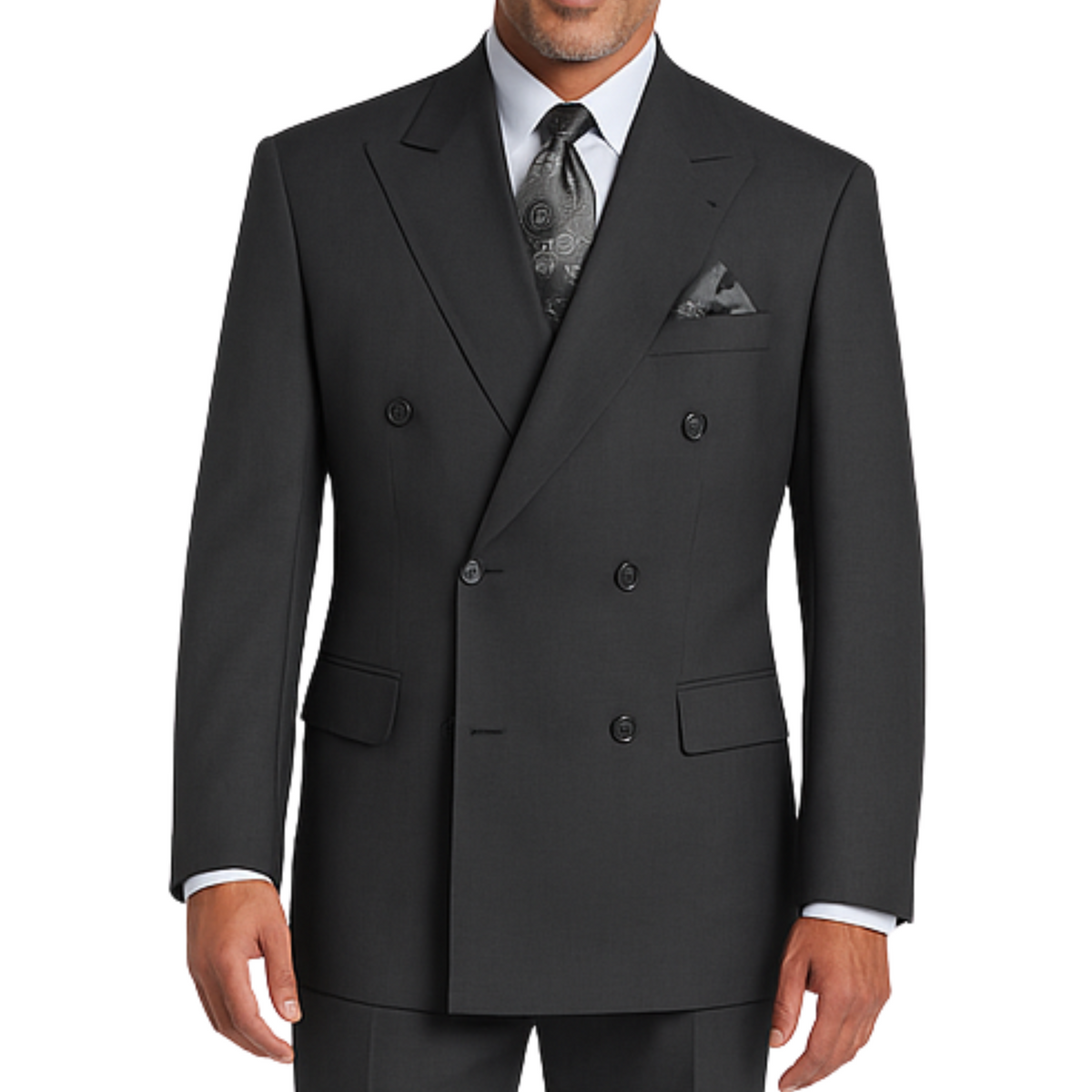 VINCI Men's Heather Gray Double-Breasted Regular Fit Suit with Adjustable Waist - NEW. Classic style with a peak lapel jacket, fully lined for comfort, and flat-front trousers with elastic waistband for a flawless fit. Perfect for professional and evening wear, embodying timeless elegance and sophistication. Available at Fashion House Inc. (FH Menswear, Style F-DC900)