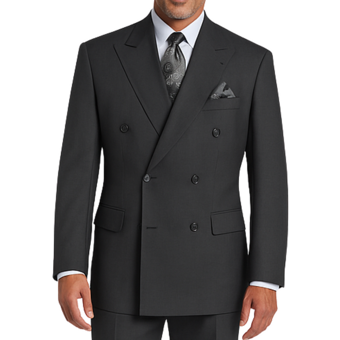 VINCI Men's Heather Gray Double-Breasted Regular Fit Suit with Adjustable Waist - NEW. Classic style with a peak lapel jacket, fully lined for comfort, and flat-front trousers with elastic waistband for a flawless fit. Perfect for professional and evening wear, embodying timeless elegance and sophistication. Available at Fashion House Inc. (FH Menswear, Style F-DC900)