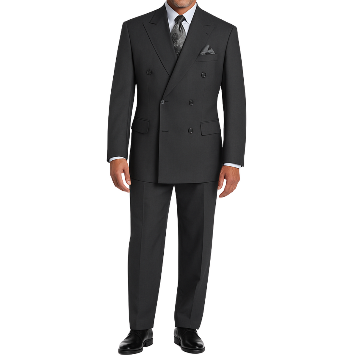 VINCI Men's Heather Gray Double-Breasted Regular Fit Suit with Adjustable Waist - NEW. Classic style with a peak lapel jacket, fully lined for comfort, and flat-front trousers with elastic waistband for a flawless fit. Perfect for professional and evening wear, embodying timeless elegance and sophistication. Available at Fashion House Inc. (FH Menswear, Style F-DC900)