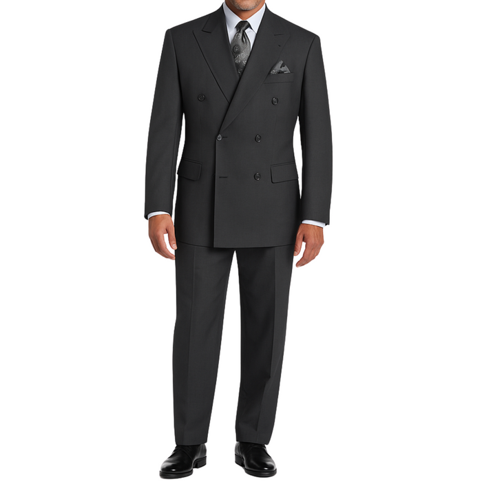 VINCI Men's Heather Gray Double-Breasted Regular Fit Suit with Adjustable Waist - NEW. Classic style with a peak lapel jacket, fully lined for comfort, and flat-front trousers with elastic waistband for a flawless fit. Perfect for professional and evening wear, embodying timeless elegance and sophistication. Available at Fashion House Inc. (FH Menswear, Style F-DC900)