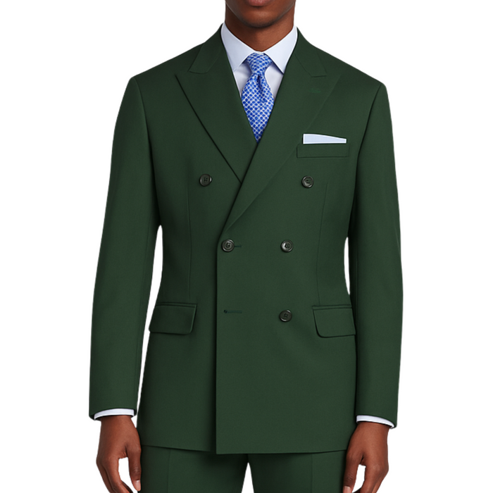 VINCI Men's Hunter Green Double-Breasted Regular Fit Suit with Adjustable Waist - NEW. Classic style with a peak lapel jacket, fully lined for comfort, and flat-front trousers with elastic waistband for a flawless fit. Perfect for professional and evening wear, embodying timeless elegance and sophistication. Available at Fashion House Inc. (FH Menswear, Style F-DC900)