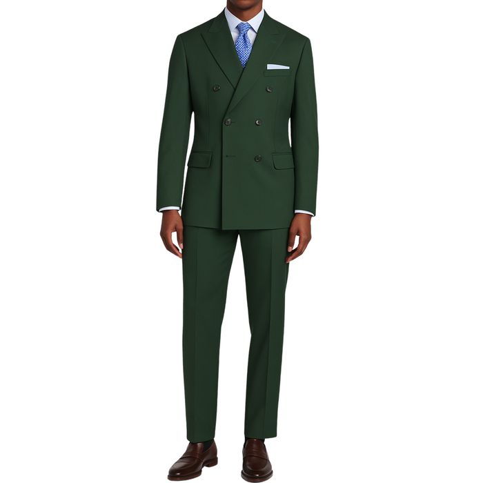 VINCI Men's Hunter Green Double-Breasted Regular Fit Suit with Adjustable Waist - NEW. Classic style with a peak lapel jacket, fully lined for comfort, and flat-front trousers with elastic waistband for a flawless fit. Perfect for professional and evening wear, embodying timeless elegance and sophistication. Available at Fashion House Inc. (FH Menswear, Style F-DC900)