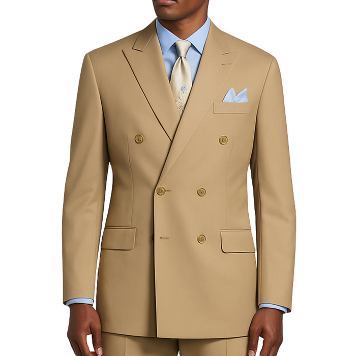 VINCI Men's Light Beige Double-Breasted Regular Fit Suit with Adjustable Waist - NEW. Classic style with a peak lapel jacket, fully lined for comfort, and flat-front trousers with elastic waistband for a flawless fit. Perfect for professional and evening wear, embodying timeless elegance and sophistication. Available at Fashion House Inc. (FH Menswear, Style: F-DC900)