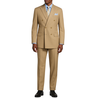 VINCI Men's Light Beige Double-Breasted Regular Fit Suit with Adjustable Waist - NEW. Classic style with a peak lapel jacket, fully lined for comfort, and flat-front trousers with elastic waistband for a flawless fit. Perfect for professional and evening wear, embodying timeless elegance and sophistication. Available at Fashion House Inc. (FH Menswear, Style: F-DC900)