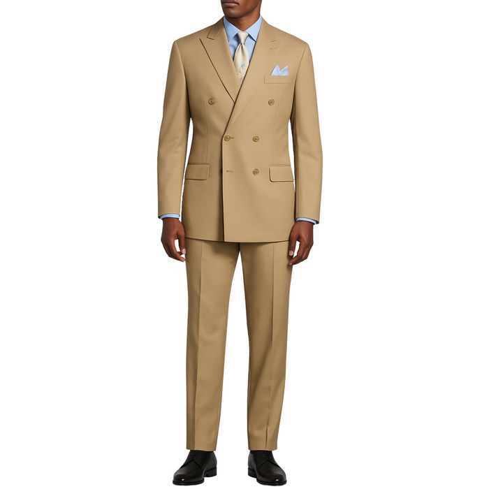 VINCI Men's Light Beige Double-Breasted Regular Fit Suit with Adjustable Waist - NEW. Classic style with a peak lapel jacket, fully lined for comfort, and flat-front trousers with elastic waistband for a flawless fit. Perfect for professional and evening wear, embodying timeless elegance and sophistication. Available at Fashion House Inc. (FH Menswear, Style: F-DC900)