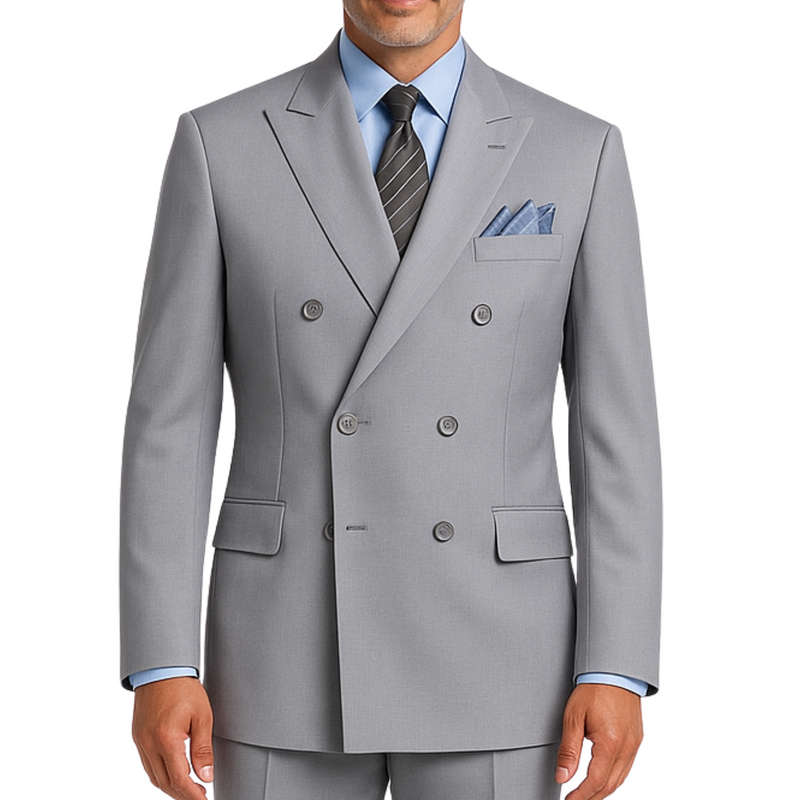 VINCI Men's Light Gray Double-Breasted Regular Fit Suit with Adjustable Waist - NEW. Classic style with a peak lapel jacket, fully lined for comfort, and flat-front trousers with elastic waistband for a flawless fit. Perfect for professional and evening wear, embodying timeless elegance and sophistication. Available at Fashion House Inc. (FH Menswear, Style: F-DC900)