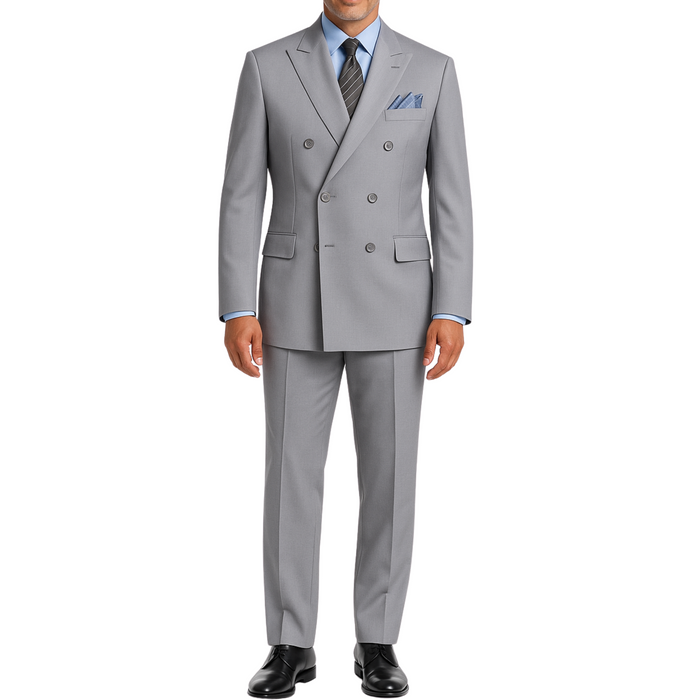 VINCI Men's Light Gray Double-Breasted Regular Fit Suit with Adjustable Waist - NEW. Classic style with a peak lapel jacket, fully lined for comfort, and flat-front trousers with elastic waistband for a flawless fit. Perfect for professional and evening wear, embodying timeless elegance and sophistication. Available at Fashion House Inc. (FH Menswear, Style: F-DC900)