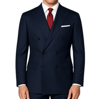 VINCI Men's Navy Blue Double-Breasted Regular Fit Suit with Adjustable Waist - NEW. Classic style with a peak lapel jacket, fully lined for comfort, and flat-front trousers with elastic waistband for a flawless fit. Perfect for professional and evening wear, embodying timeless elegance and sophistication. Available at Fashion House Inc. (FH Menswear, Style F-DC900)