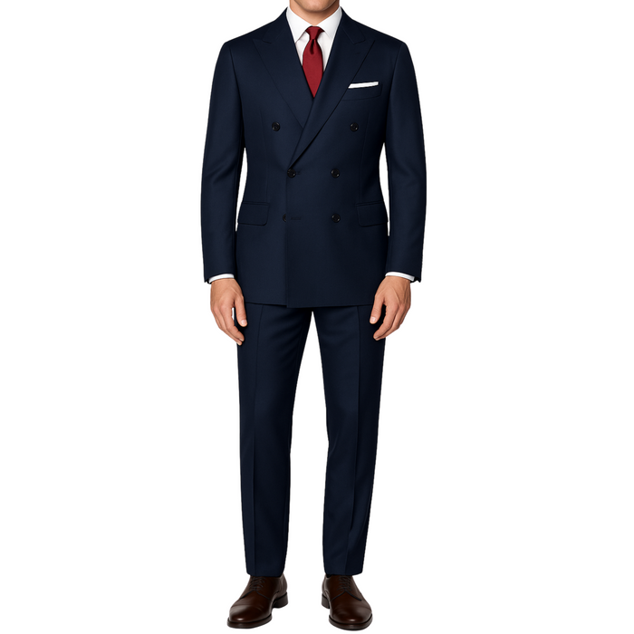 VINCI Men's Navy Blue Double-Breasted Regular Fit Suit with Adjustable Waist - NEW. Classic style with a peak lapel jacket, fully lined for comfort, and flat-front trousers with elastic waistband for a flawless fit. Perfect for professional and evening wear, embodying timeless elegance and sophistication. Available at Fashion House Inc. (FH Menswear, Style F-DC900)