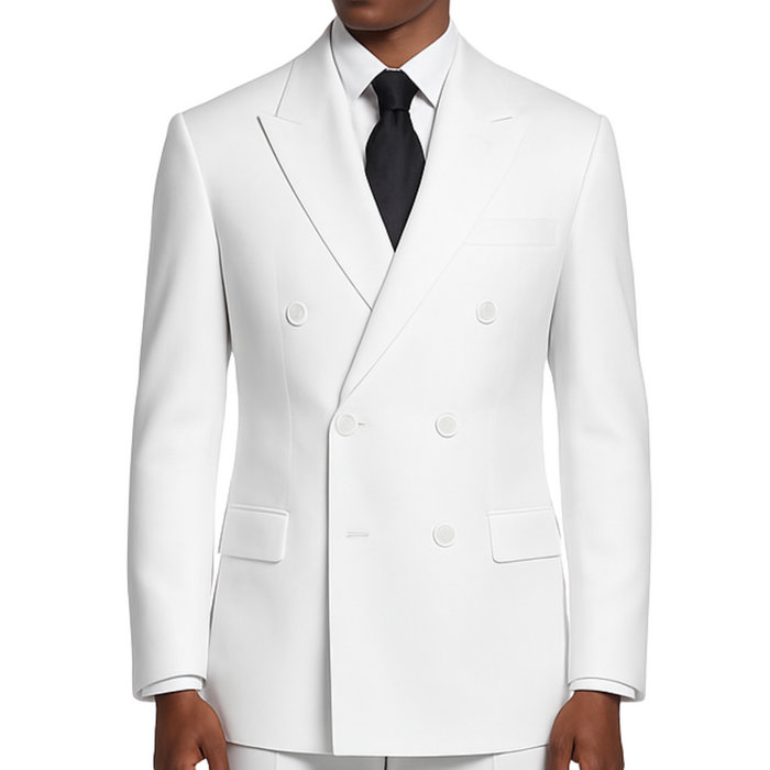 VINCI Men's White Double-Breasted Regular Fit Suit with Adjustable Waist - NEW. Classic style with a peak lapel jacket, fully lined for comfort, and flat-front trousers with elastic waistband for a flawless fit. Perfect for professional and evening wear, embodying timeless elegance and sophistication. Available at Fashion House Inc. (FH Menswear, Style F-DC900)