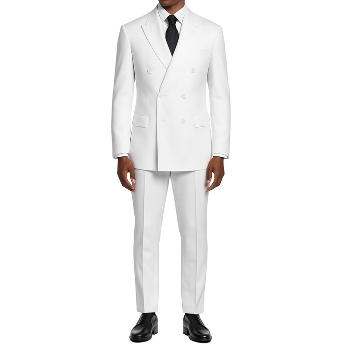 VINCI Men's White Double-Breasted Regular Fit Suit with Adjustable Waist - NEW. Classic style with a peak lapel jacket, fully lined for comfort, and flat-front trousers with elastic waistband for a flawless fit. Perfect for professional and evening wear, embodying timeless elegance and sophistication. Available at Fashion House Inc. (FH Menswear, Style F-DC900)