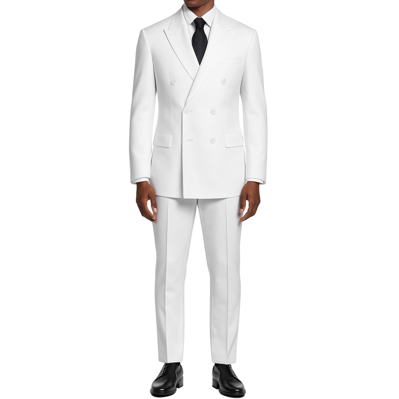 VINCI Men's White Double-Breasted Regular Fit Suit with Adjustable Waist - NEW. Classic style with a peak lapel jacket, fully lined for comfort, and flat-front trousers with elastic waistband for a flawless fit. Perfect for professional and evening wear, embodying timeless elegance and sophistication. Available at Fashion House Inc. (FH Menswear, Style F-DC900)