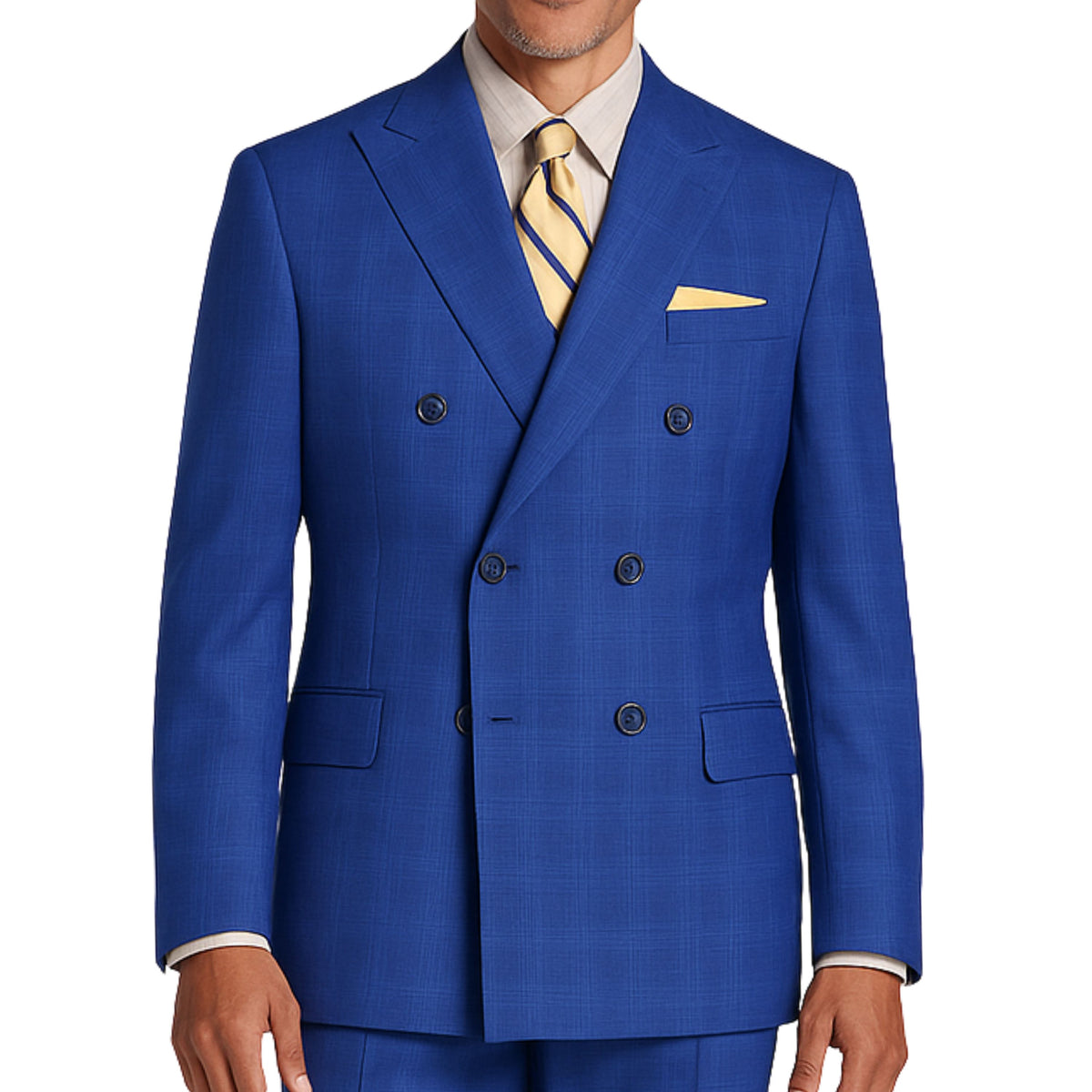 VINCI Men's Blue Glen Plaid Double-Breasted Regular Fit Suit with Adjustable Waist - NEW. Features a sharp peak lapel jacket and flat-front pants with unfinished hems and flexible waistband. A timeless choice for business or formal wear. Available at Fashion House Inc. (FH Menswear)