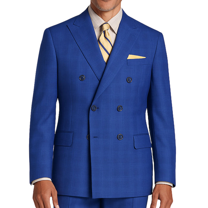 VINCI Men's Blue Glen Plaid Double-Breasted Regular Fit Suit with Adjustable Waist - NEW. Features a sharp peak lapel jacket and flat-front pants with unfinished hems and flexible waistband. A timeless choice for business or formal wear. Available at Fashion House Inc. (FH Menswear)
