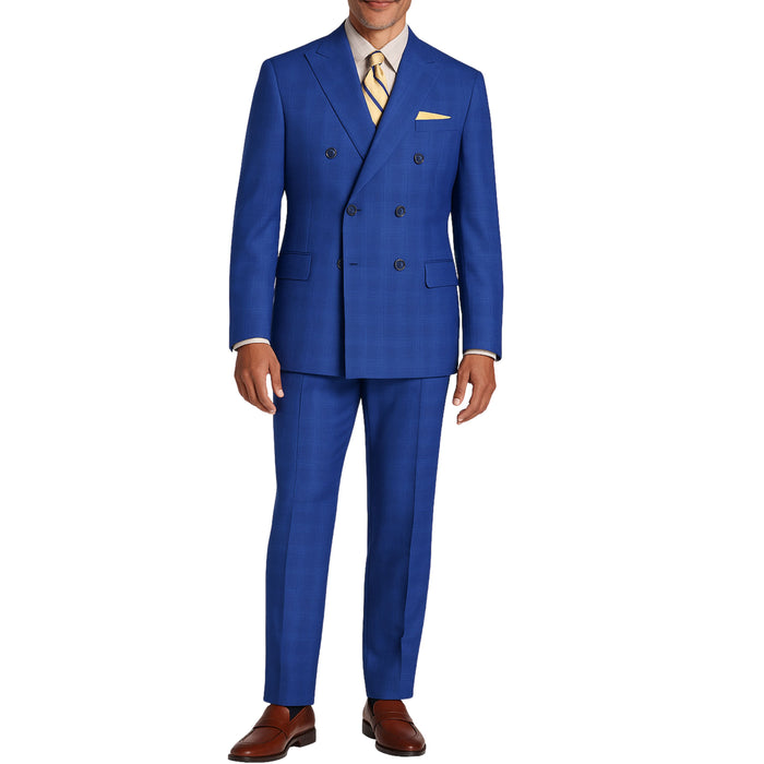 VINCI Men's Blue Glen Plaid Double-Breasted Regular Fit Suit with Adjustable Waist - NEW. Features a sharp peak lapel jacket and flat-front pants with unfinished hems and flexible waistband. A timeless choice for business or formal wear. Available at Fashion House Inc. (FH Menswear)
