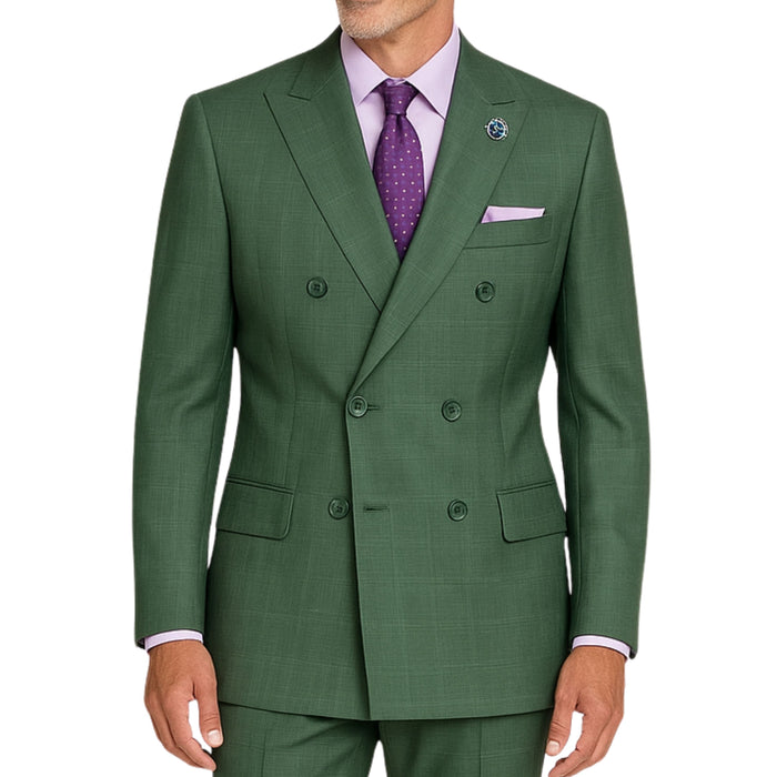 VINCI Men's Forest Green Glen Plaid Double-Breasted Regular Fit Suit with Adjustable Waist - NEW. Features a sharp peak lapel jacket and flat-front pants with unfinished hems and flexible waistband. A timeless choice for business or formal wear. Available at Fashion House Inc. (FH Menswear)