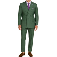 VINCI Men's Forest Green Glen Plaid Double-Breasted Regular Fit Suit with Adjustable Waist - NEW. Features a sharp peak lapel jacket and flat-front pants with unfinished hems and flexible waistband. A timeless choice for business or formal wear. Available at Fashion House Inc. (FH Menswear)
