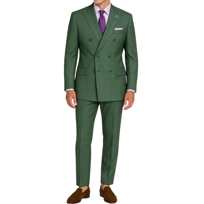 VINCI Men's Forest Green Glen Plaid Double-Breasted Regular Fit Suit with Adjustable Waist - NEW. Features a sharp peak lapel jacket and flat-front pants with unfinished hems and flexible waistband. A timeless choice for business or formal wear. Available at Fashion House Inc. (FH Menswear)