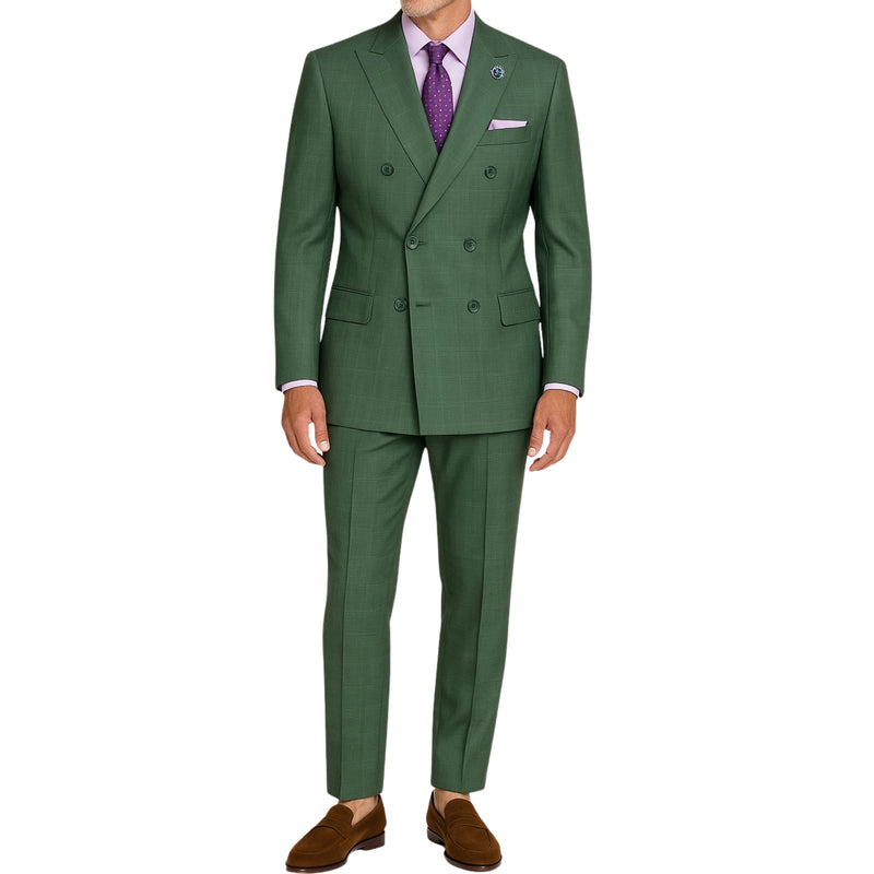VINCI Men's Forest Green Glen Plaid Double-Breasted Regular Fit Suit with Adjustable Waist - NEW. Features a sharp peak lapel jacket and flat-front pants with unfinished hems and flexible waistband. A timeless choice for business or formal wear. Available at Fashion House Inc. (FH Menswear)