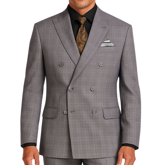 VINCI Men's Gray Glen Plaid Double-Breasted Regular Fit Suit with Adjustable Waist - NEW. Features a sharp peak lapel jacket and flat-front pants with unfinished hems and flexible waistband. A timeless choice for business or formal wear. Available at Fashion House Inc. (FH Menswear)