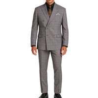 VINCI Men's Gray Glen Plaid Double-Breasted Regular Fit Suit with Adjustable Waist - NEW. Features a sharp peak lapel jacket and flat-front pants with unfinished hems and flexible waistband. A timeless choice for business or formal wear. Available at Fashion House Inc. (FH Menswear)