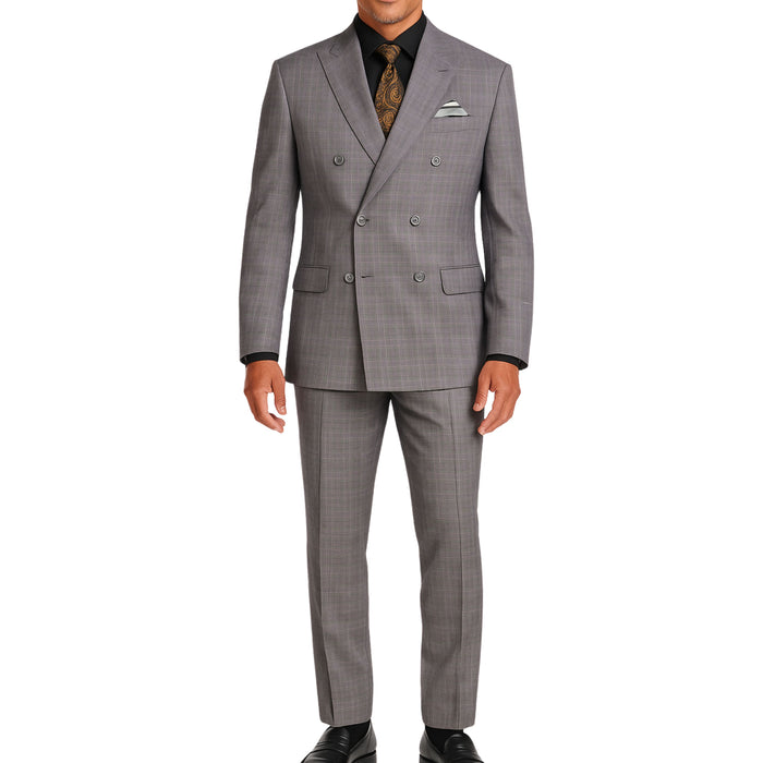 VINCI Men's Gray Glen Plaid Double-Breasted Regular Fit Suit with Adjustable Waist - NEW. Features a sharp peak lapel jacket and flat-front pants with unfinished hems and flexible waistband. A timeless choice for business or formal wear. Available at Fashion House Inc. (FH Menswear)