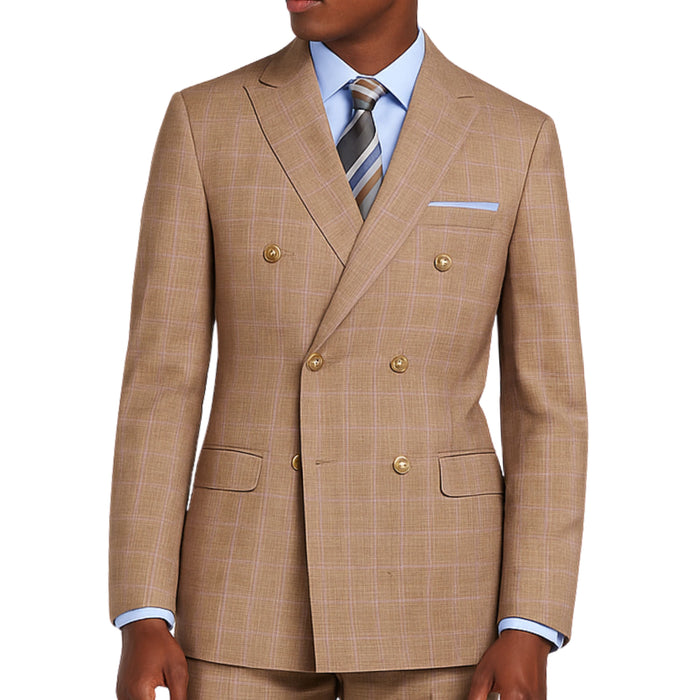 VINCI Men's Tan Glen Plaid Double-Breasted Regular Fit Suit with Adjustable Waist - NEW. Features a sharp peak lapel jacket and flat-front pants with unfinished hems and flexible waistband. A timeless choice for business or formal wear. Available at Fashion House Inc. (FH Menswear)