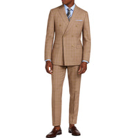 VINCI Men's Tan Glen Plaid Double-Breasted Regular Fit Suit with Adjustable Waist - NEW. Features a sharp peak lapel jacket and flat-front pants with unfinished hems and flexible waistband. A timeless choice for business or formal wear. Available at Fashion House Inc. (FH Menswear)