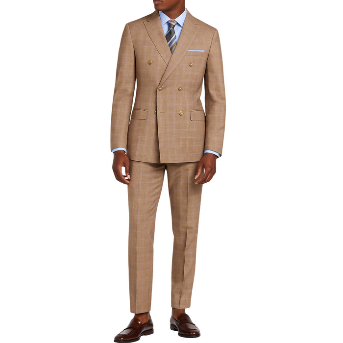 VINCI Men's Tan Glen Plaid Double-Breasted Regular Fit Suit with Adjustable Waist - NEW. Features a sharp peak lapel jacket and flat-front pants with unfinished hems and flexible waistband. A timeless choice for business or formal wear. Available at Fashion House Inc. (FH Menswear)
