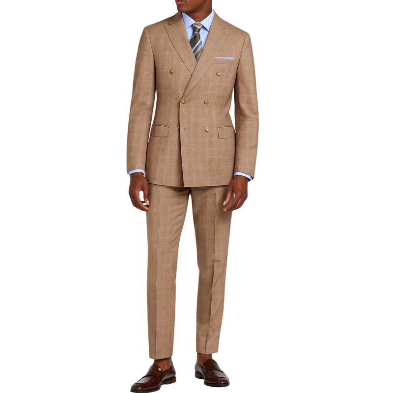 VINCI Men's Tan Glen Plaid Double-Breasted Regular Fit Suit with Adjustable Waist - NEW. Features a sharp peak lapel jacket and flat-front pants with unfinished hems and flexible waistband. A timeless choice for business or formal wear. Available at Fashion House Inc. (FH Menswear)
