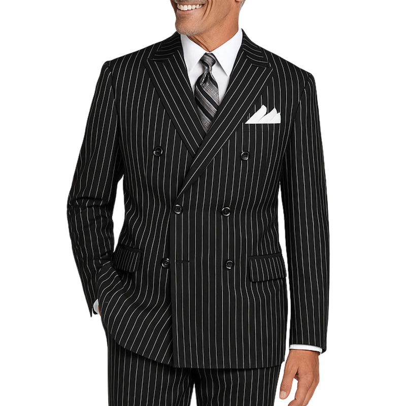 VINCI Men's Black Pinstripe Double-Breasted Regular Fit Suit with Adjustable Waist - NEW. Features a peak lapel double-breasted jacket and flat-front pants with flexible waistband and unfinished hems. Classic pinstripe style for work or formal events. Available at Fashion House Inc. (FH Menswear)