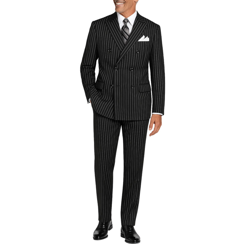VINCI Men's Black Pinstripe Double-Breasted Regular Fit Suit with Adjustable Waist - NEW. Features a peak lapel double-breasted jacket and flat-front pants with flexible waistband and unfinished hems. Classic pinstripe style for work or formal events. Available at Fashion House Inc. (FH Menswear)