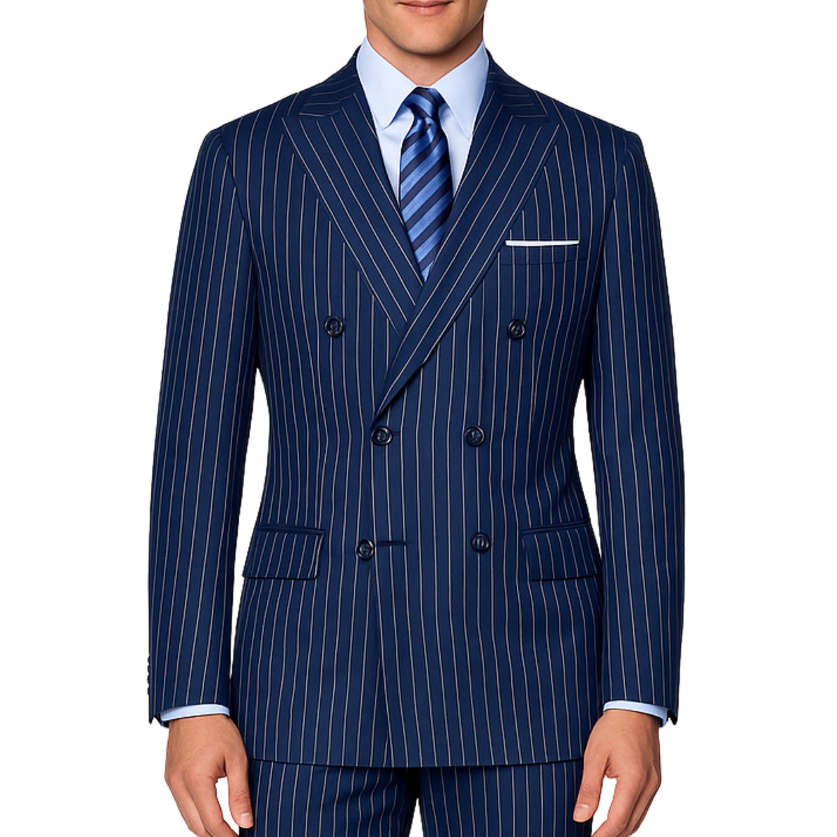 VINCI Men's Blue Pinstripe Double-Breasted Regular Fit Suit with Adjustable Waist - NEW. Features a peak lapel double-breasted jacket and flat-front pants with flexible waistband and unfinished hems. Classic pinstripe style for work or formal events. Available at Fashion House Inc. (FH Menswear)