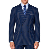 VINCI Men's Blue Pinstripe Double-Breasted Regular Fit Suit with Adjustable Waist - NEW. Features a peak lapel double-breasted jacket and flat-front pants with flexible waistband and unfinished hems. Classic pinstripe style for work or formal events. Available at Fashion House Inc. (FH Menswear)
