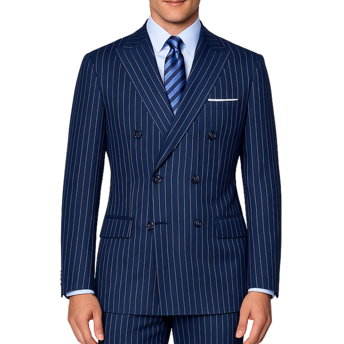 VINCI Men's Blue Pinstripe Double-Breasted Regular Fit Suit with Adjustable Waist - NEW. Features a peak lapel double-breasted jacket and flat-front pants with flexible waistband and unfinished hems. Classic pinstripe style for work or formal events. Available at Fashion House Inc. (FH Menswear)