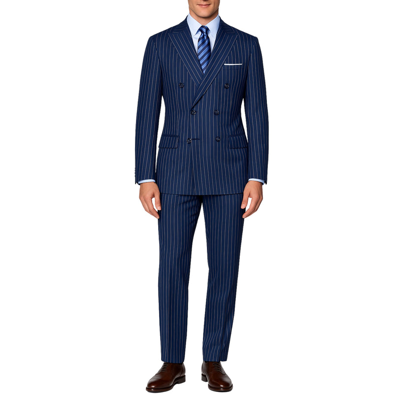 VINCI Men's Blue Pinstripe Double-Breasted Regular Fit Suit with Adjustable Waist - NEW. Features a peak lapel double-breasted jacket and flat-front pants with flexible waistband and unfinished hems. Classic pinstripe style for work or formal events. Available at Fashion House Inc. (FH Menswear)