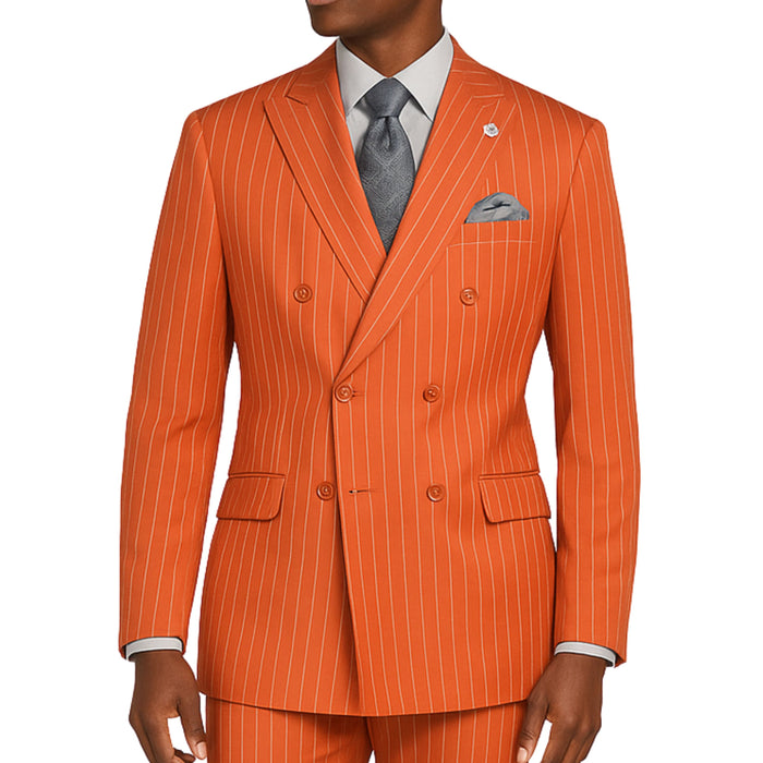 VINCI Men's Canyon Clay Pinstripe Double-Breasted Regular Fit Suit with Adjustable Waist - NEW. Features a peak lapel double-breasted jacket and flat-front pants with flexible waistband and unfinished hems. Classic pinstripe style for work or formal events. Available at Fashion House Inc. (FH Menswear)