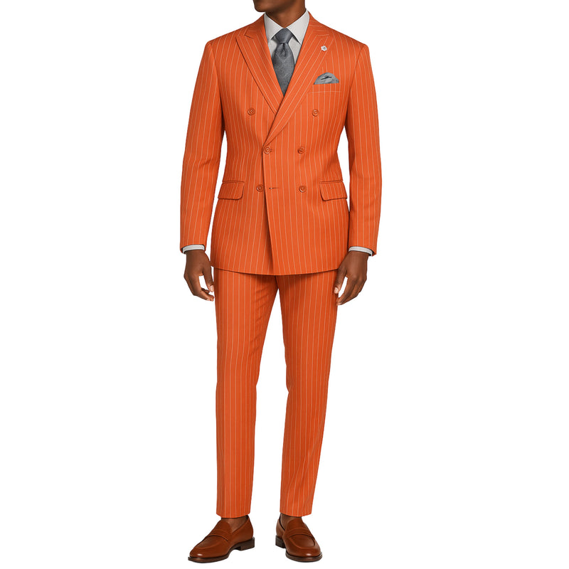 VINCI Men's Canyon Clay Pinstripe Double-Breasted Regular Fit Suit with Adjustable Waist - NEW. Features a peak lapel double-breasted jacket and flat-front pants with flexible waistband and unfinished hems. Classic pinstripe style for work or formal events. Available at Fashion House Inc. (FH Menswear)