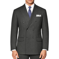 VINCI Men's Charcoal Gray Pinstripe Double-Breasted Regular Fit Suit with Adjustable Waist - NEW. Features a peak lapel double-breasted jacket and flat-front pants with flexible waistband and unfinished hems. Classic pinstripe style for work or formal events. Available at Fashion House Inc. (FH Menswear)